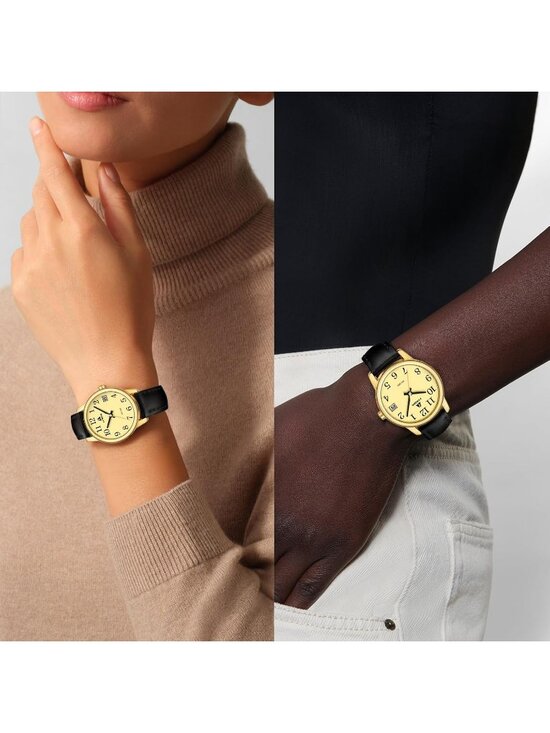 Women\'s Gold Black Leather Strap Analog Quartz Luminous Dial Waterproof Watch